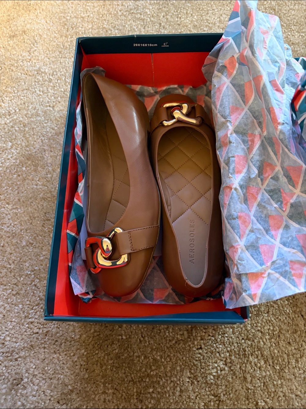 AEROSOLES Tan Quilted-Insole Ballet Flats with Gold Hardware